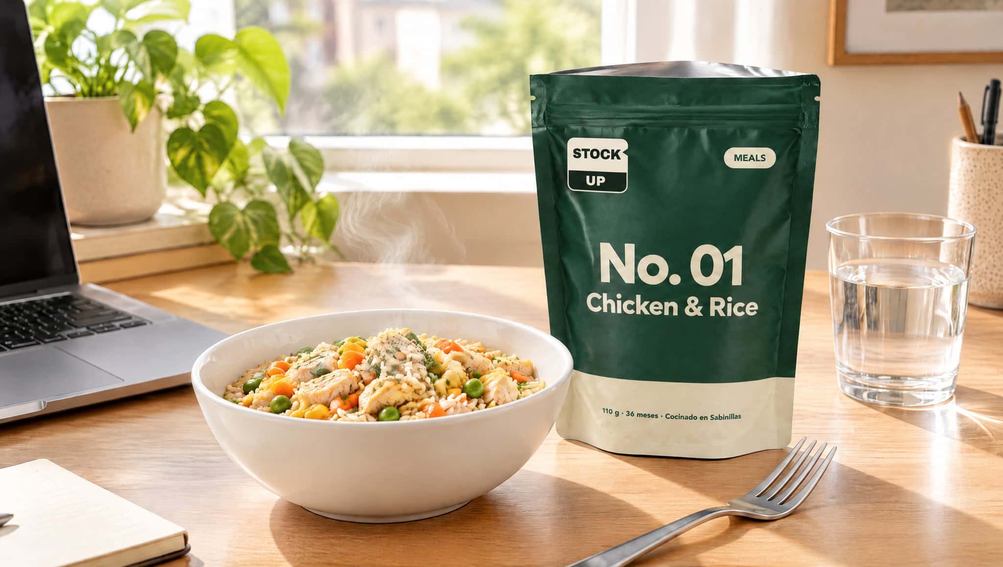 Rehydrated chicken and rice in a bowl next to the Meals No. 01 pouch on a desk