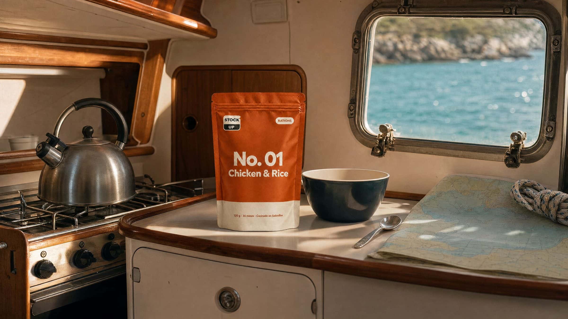 Cocina de un velero fondeado con un hervidor al fuego y la bolsa Rations naranja junto a un bol