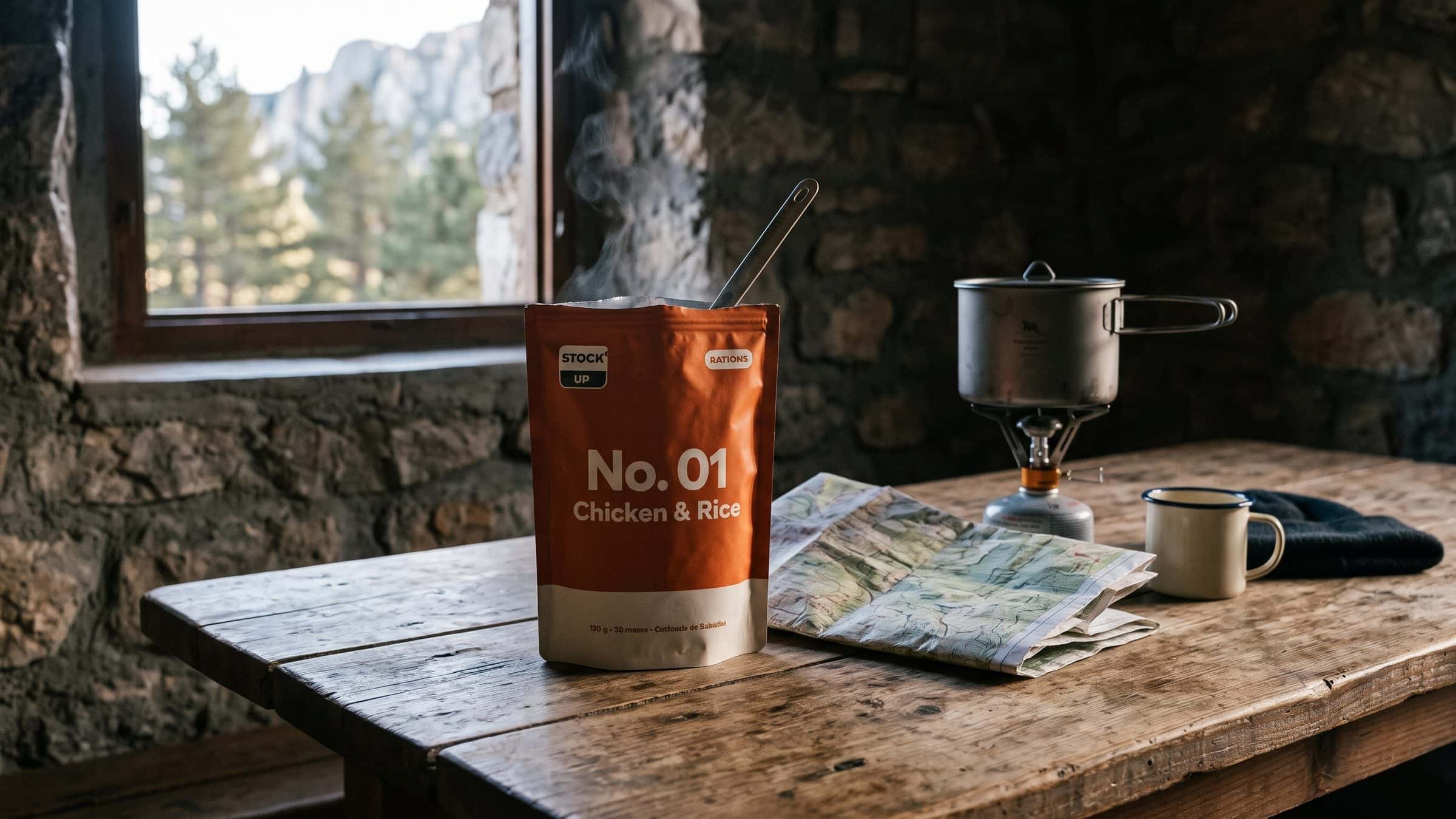 Holztisch in einer Berghütte mit dem offenen orangen Rations-Beutel, Karte, Kocher und Becher