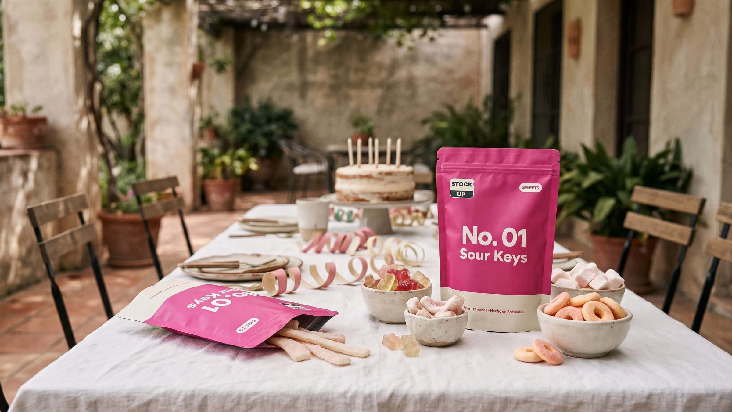 Mesa de cumpleaños en una terraza con bolsas Sweets rosas y cuencos de chuches liofilizadas